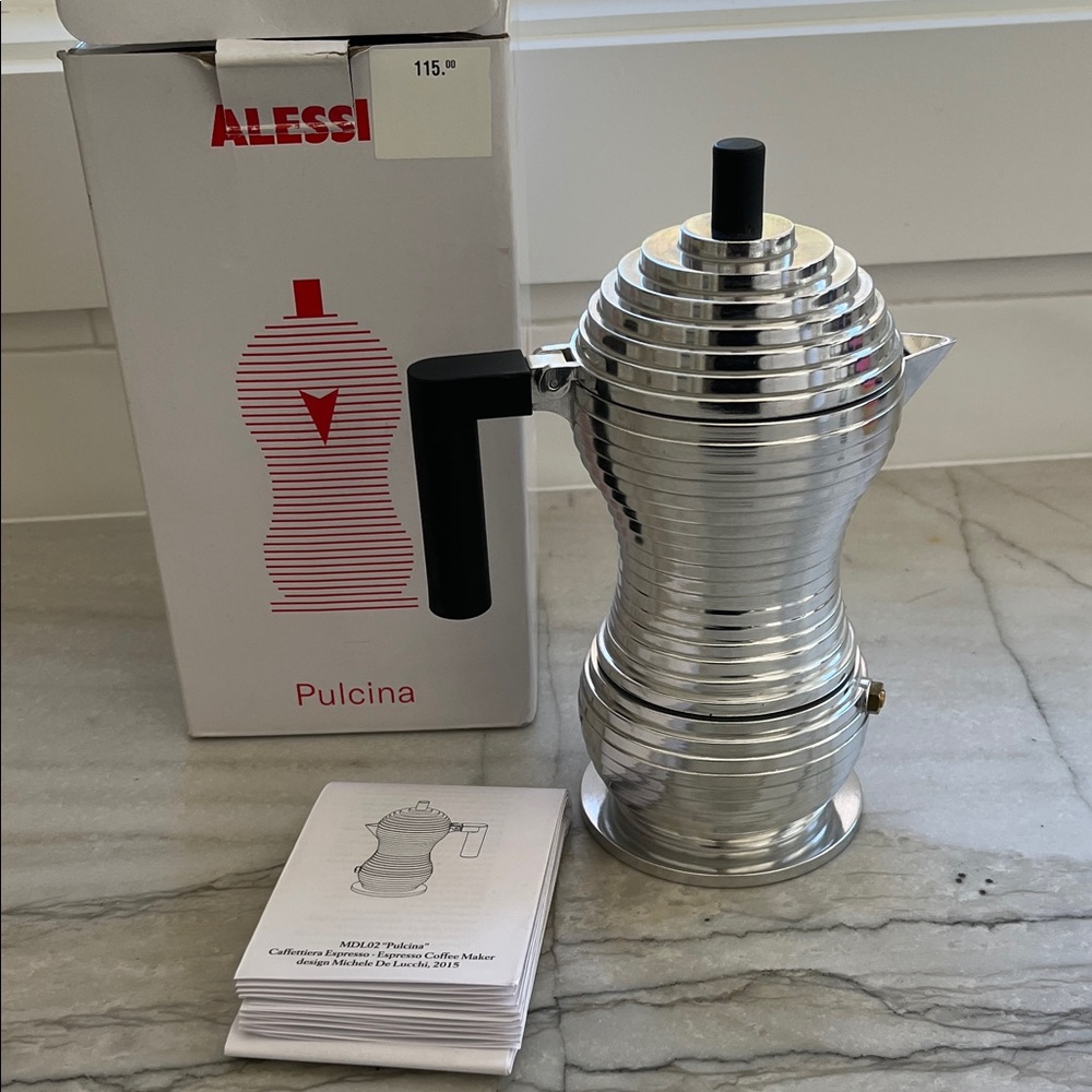 Alessi Pulcina Metallic espresso Coffee Maker with Black Handle nib never used